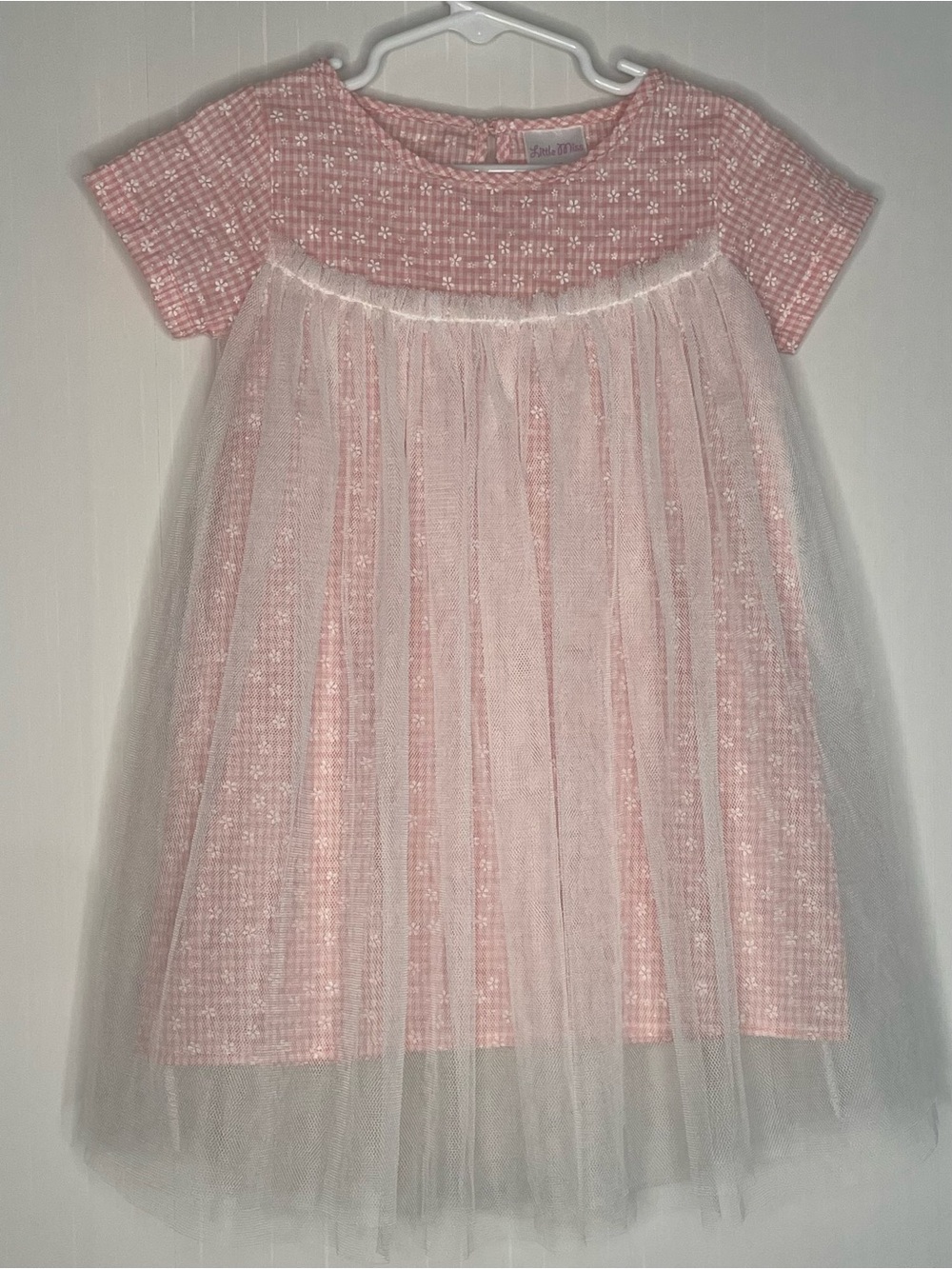 Little Miss Pink Floral Gingham Dress with Tulle Overlay 3T